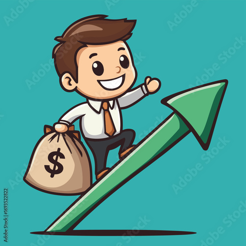 Cartoon businessman grabbing money bag on green arrow , vector style simple color