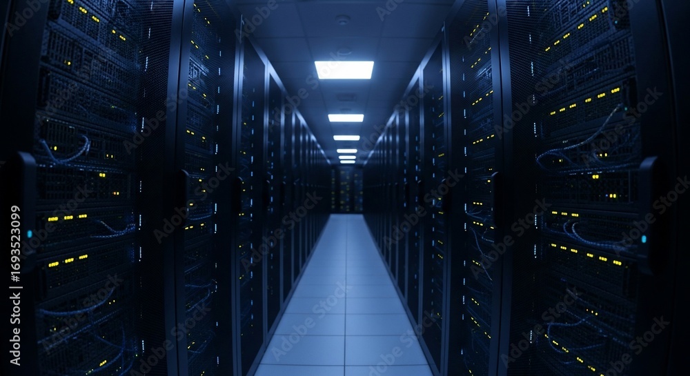 Fototapeta premium Data center server room with rows of computer equipment.