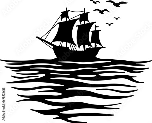 silhouette of a sailing ship, ship, boat, sea, sail, sailboat, sailing, ocean, water, yacht, pirate, vessel, nautical, old, travel, silhouette, mast, sunset, sky, schooner, transportation, summer, mar