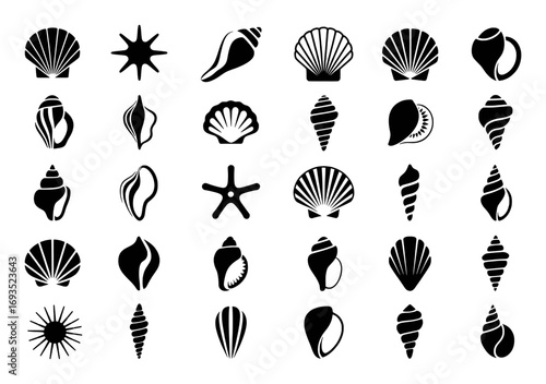 Collection of Black and White Seashell and Starfish Icons