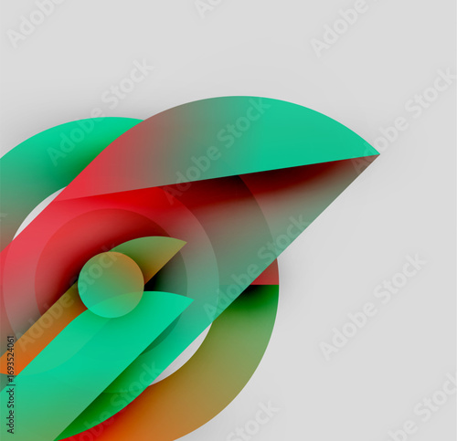 Abstract shapes overlap, creating vibrant color gradients. Green, red, orange hues blend smoothly on gray background. Modern design.
