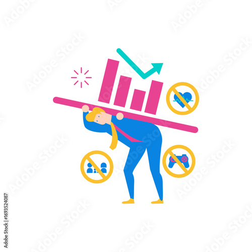 Workaholic.Businessman carrying heavy burden of financial loss and restrictions isolated on transparent background.