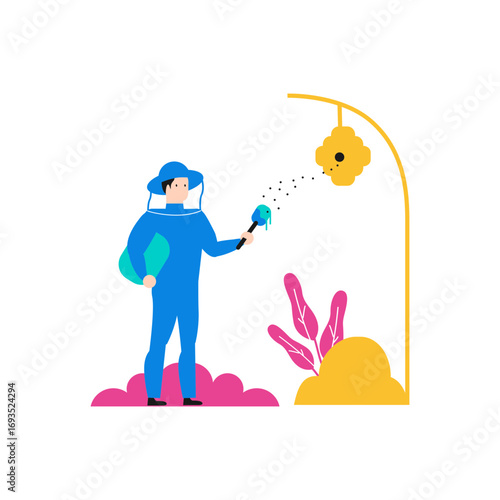Beekeeper.Beekeeper in protective suit tending to a beehive isolated on transparent background.