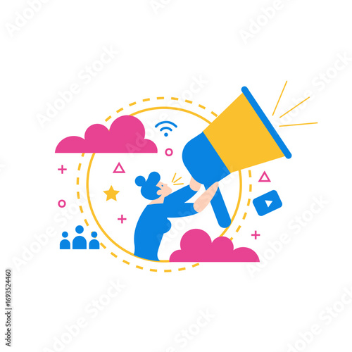 Broadcasting.Person with megaphone announcing information isolated on transparent background.