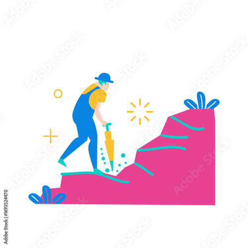 Breaking Rock.Construction worker using a jackhammer on a pink rock formation isolated on transparent background.