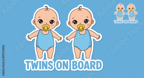 Cute twins on board car sticker, baby boy twins illustration, safety sign, baby in car decal, adorable cartoon vector design