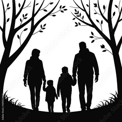 Family walking through trees silhouette parents
