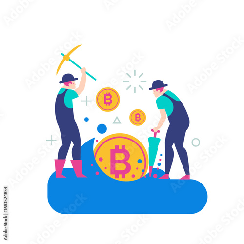 Cryptocurrency Mining.Two miners digging for bitcoin cryptocurrency isolated on transparent background.