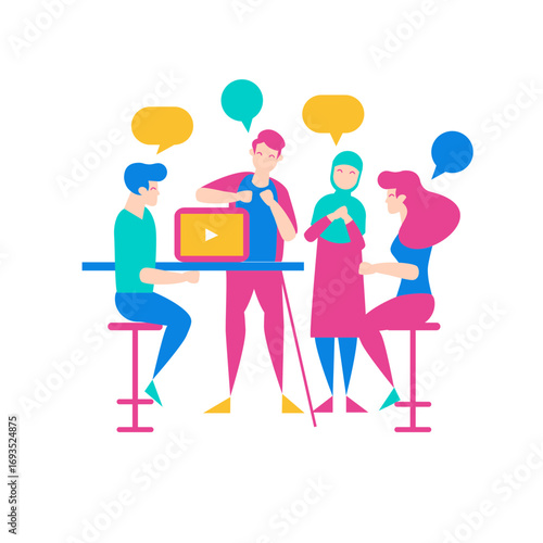 Discussion.Diverse group of people collaborating and discussing ideas with speech bubbles isolated on transparent background.