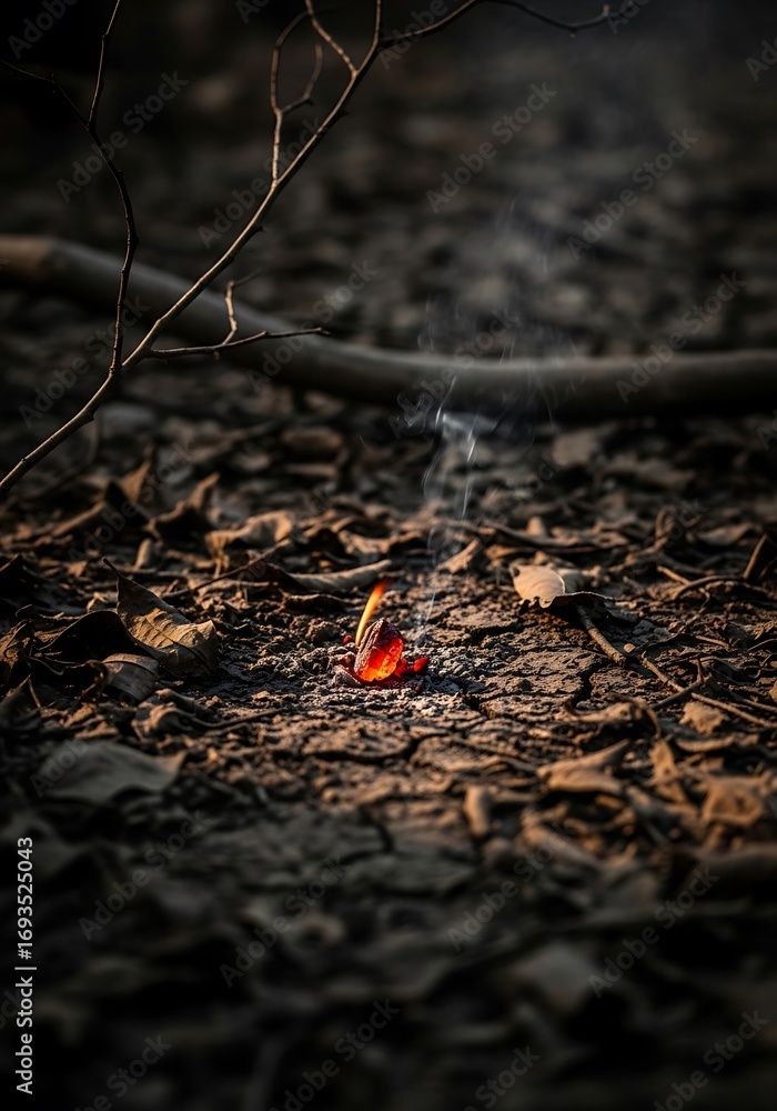 Fototapeta premium Ephemeral ember burning on ground surface displaying intricate texture amidst fading sunlight creating visual contrast