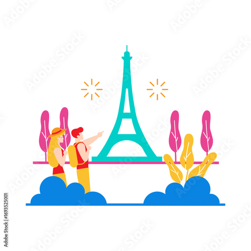 Eiffel Tower.Couple pointing at eiffel tower with fireworks isolated on transparent background.