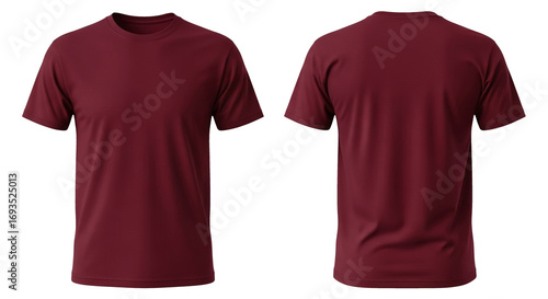 Two views of a plain, burgundy-colored t-shirt isolated on white background.