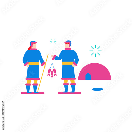 Eskimo in Snow.Two people in traditional clothing with fish and a dwelling isolated on transparent background.