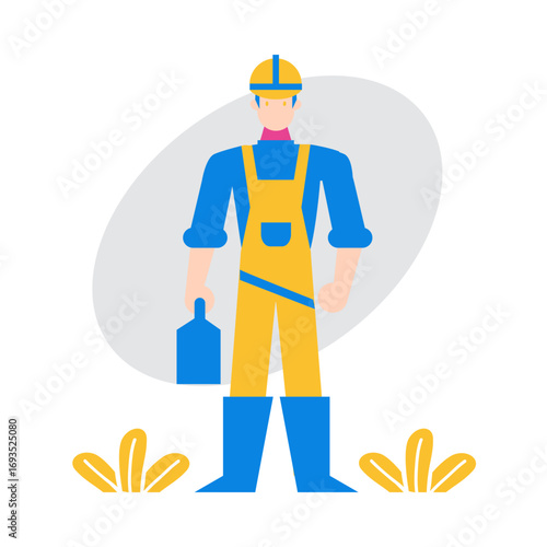 Factory Worker.Cartoon construction worker with tools isolated on transparent background.