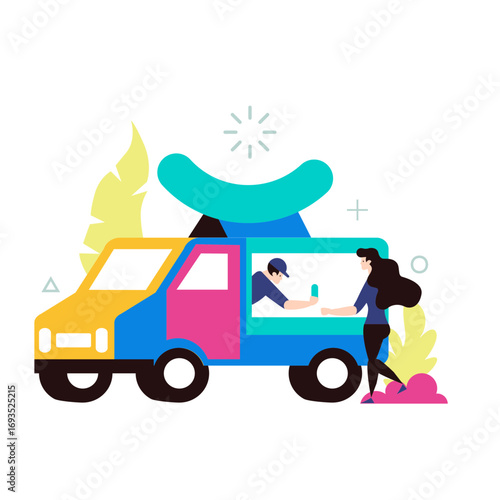 Food Truck.Colorful food truck with customer interaction isolated on transparent background.
