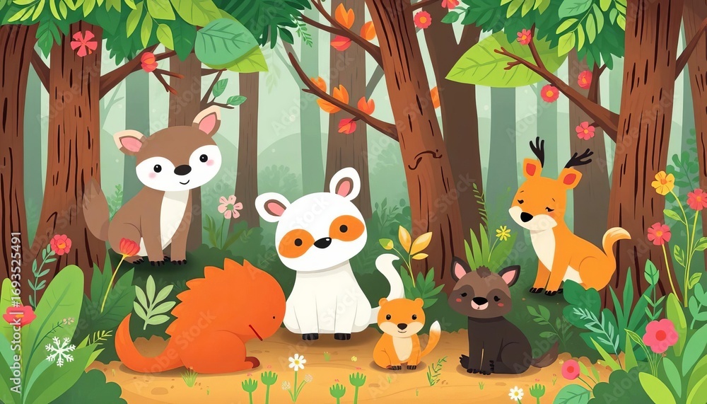 Naklejka premium Whimsical cartoon forest animals on a vector sheet, cute style, hedgehog, playful