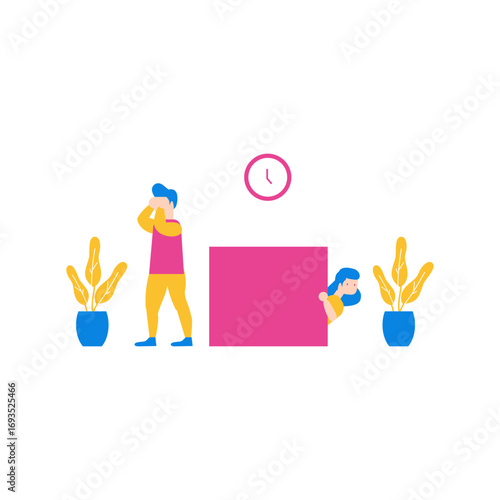 Hide and Seek.Man looking stressed by clock woman peeking from behind pink box plants isolated on transparent background.