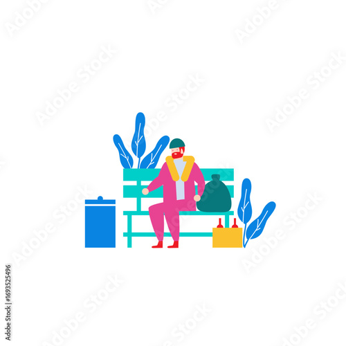 Homeless Person.Man sitting on park bench with belongings isolated on transparent background.
