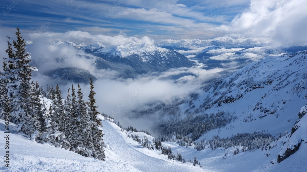 Fototapeta premium Majestic winter landscape of whistler, british columbia featuring snow and cloud covered canadian mountains from blackcomb peak, showcasing a serene alpine nature scene with icy slopes, frosted trees,