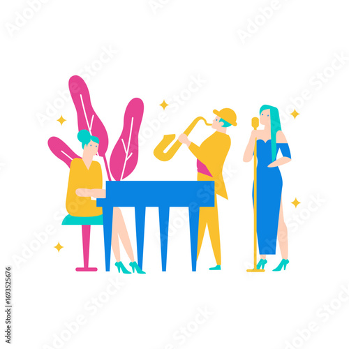 Jazz Band.Jazz band performing with piano saxophone and singer isolated on transparent background.