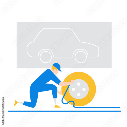 Mechanic.Mechanic changing a car tire isolated on transparent background.