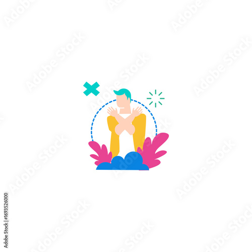 No.Man hugging himself with arms crossed isolated on transparent background.