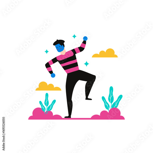 Pantomime act.Stylized character with blue face and striped shirt dancing isolated on transparent background.
