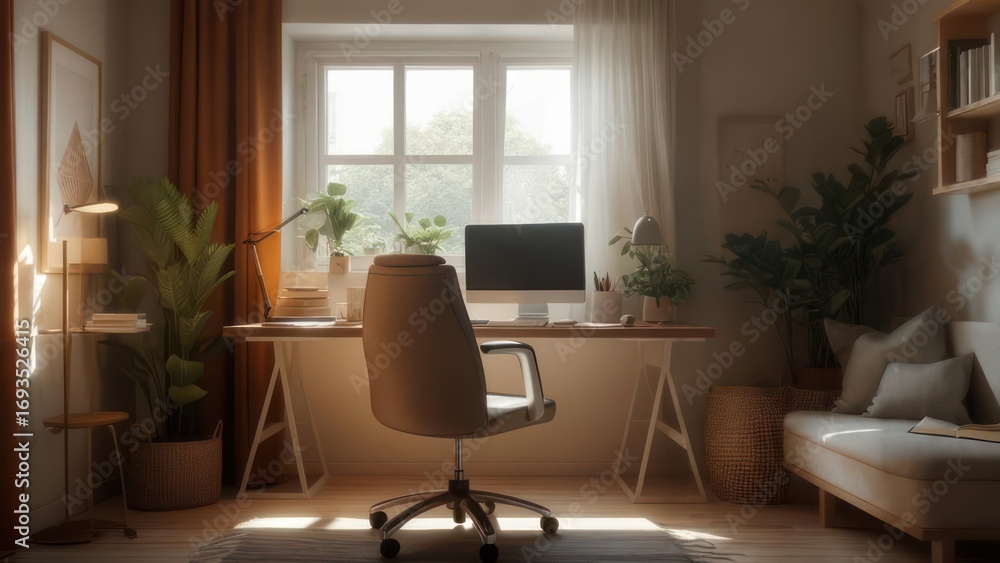 Fototapeta premium Sunlit home office with plants, desk, chair, and couch