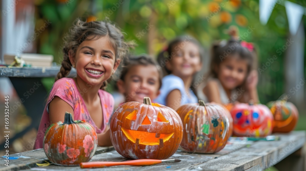 Fototapeta premium Children Enjoying Pumpkin Carving and Painting for Halloween Celebration