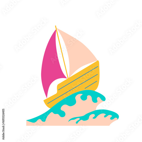 Sailing in Rough Seas.Colorful sailboat on waves isolated on transparent background.