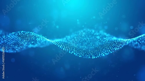 Abstract Blue Digital Particle Wave Background. Glowing Technology Data Flow Visualization.