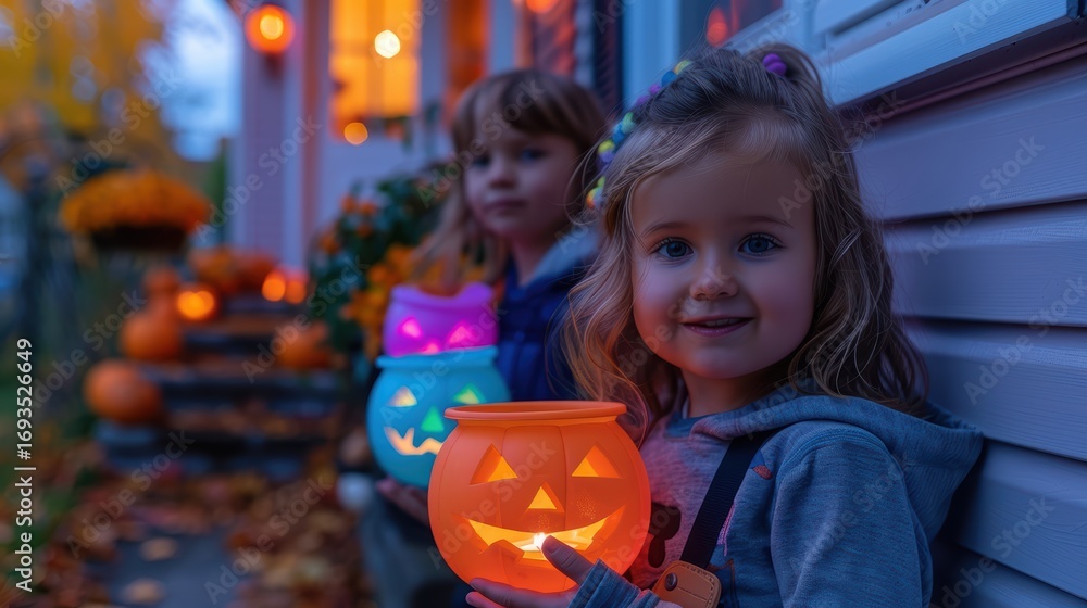 Fototapeta premium Children Holding Halloween Pumpkin Buckets in Festive Evening Glow