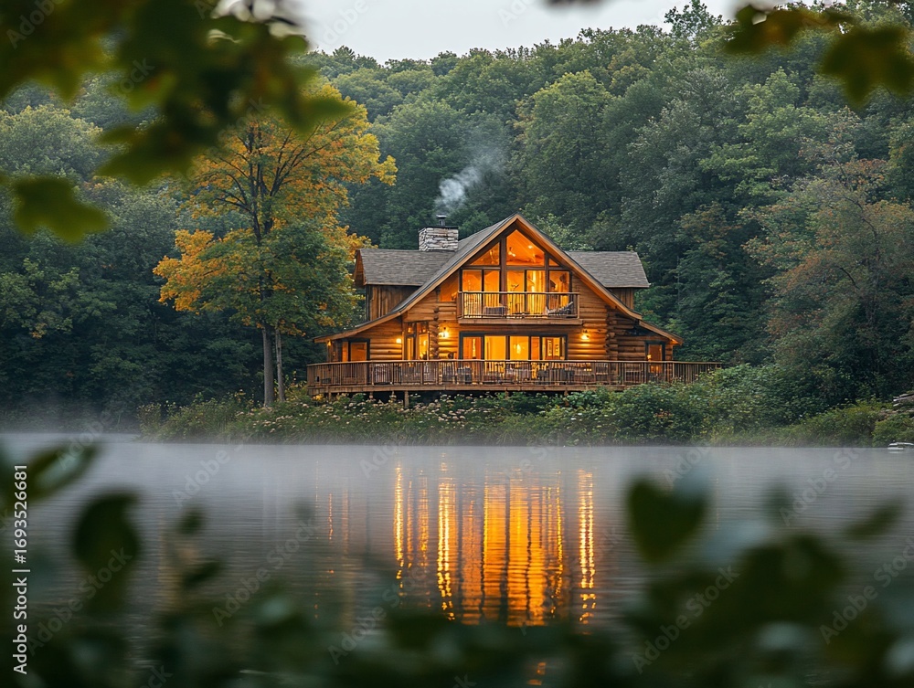 Fototapeta premium Rustic log cabin on a serene lake at dusk