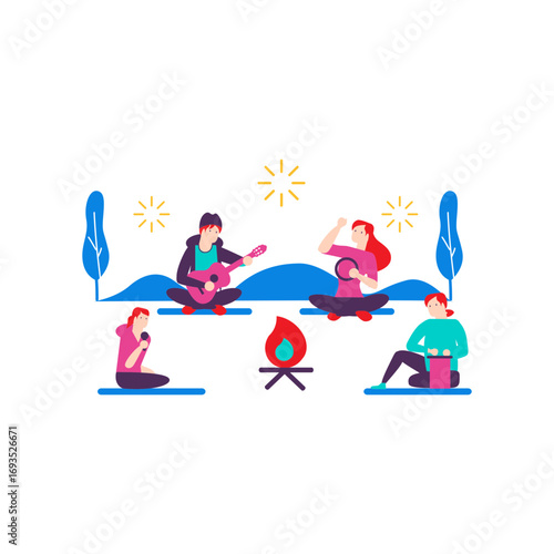 Sitting Around a Bonfire.Friends playing music around a campfire isolated on transparent background.