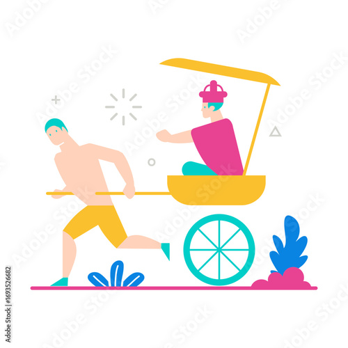 Slave Driver.Man pulling a rickshaw with a passenger isolated on transparent background.