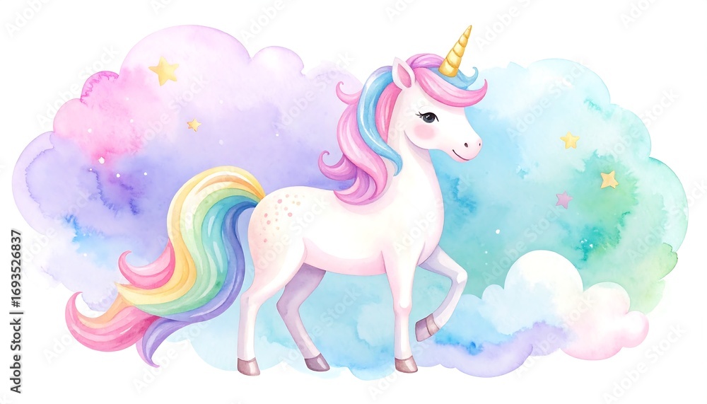 Fototapeta premium Unicorn on Cloud Watercolor Illustration