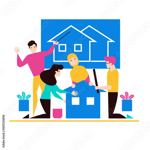 Team Work.Diverse team building a house together isolated on transparent background.