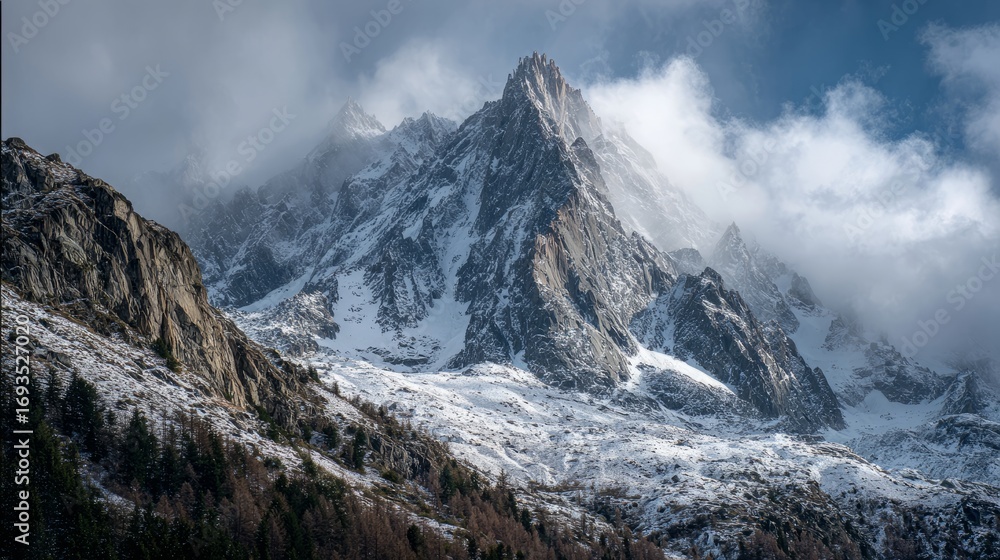 Fototapeta premium Majestic snow-capped mountain range rising through misty clouds with dramatic peaks and breathtaking panoramic view of alpine wilderness in tranquil natural landscape