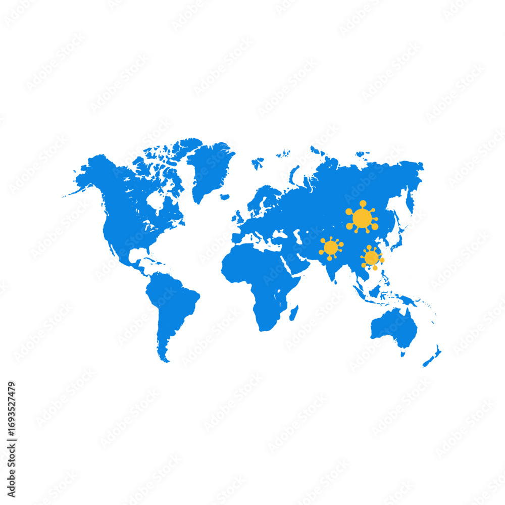 Obraz premium Covid global map.World map with virus icons in asia isolated on transparent background.