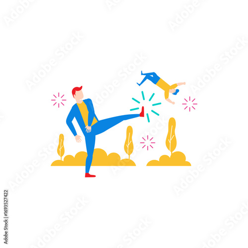 Competitor advantage.Man kicking another man into the air isolated on transparent background.