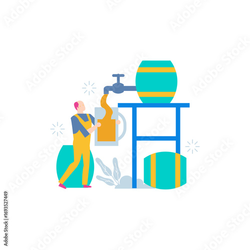 Craft beer.Brewery worker pouring beer from barrel into mug isolated on transparent background.