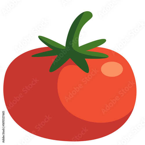 Red tomato with green stem and leaf. Suitable for cooking graphics, diet designs, or fresh produce visuals.