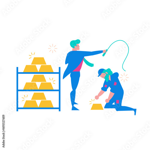 Exploitation of poor.Man with whip overseeing worker collecting gold bars isolated on transparent background.