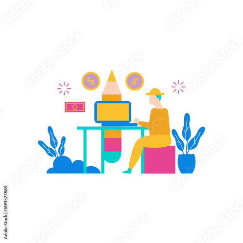 Gig economy.Man working on laptop with pencil and money symbols isolated on transparent background.
