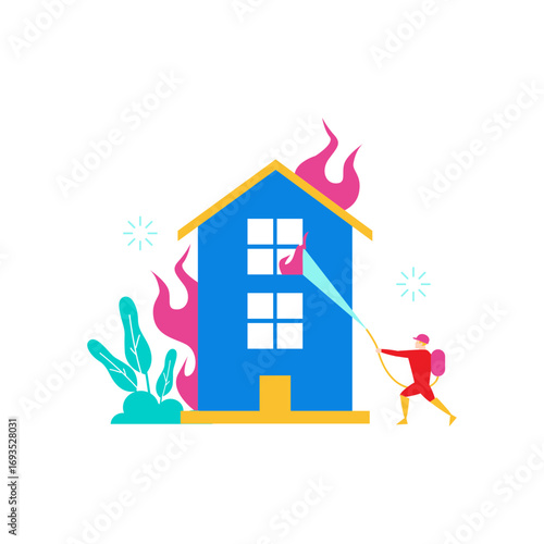 House on fire.Firefighter putting out a burning house with flames and water spray isolated on transparent background.