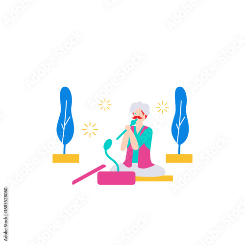 Indian fakir in India.Indian snake charmer playing flute with cobra isolated on transparent background.
