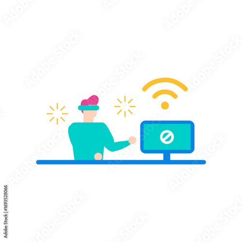 Internet censorship.Person wearing vr headset interacting with computer and wi fi signal isolated on transparent background.