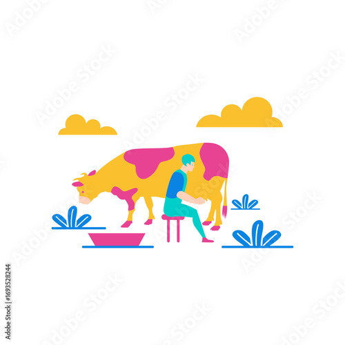 Milking Cow.Farmer milking a cow with colorful spots isolated on transparent background.