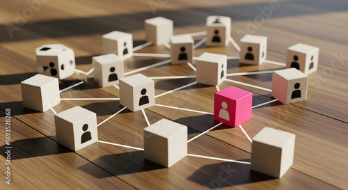 Abstract network of people icons on wooden surface, highlighting one distinct individual in pink.