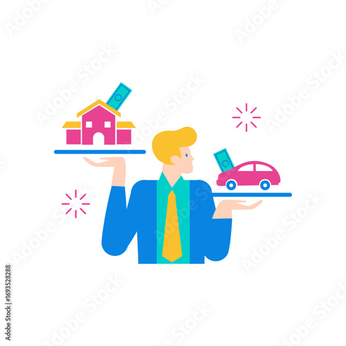 Mortgage.Man balancing house and car with money isolated on transparent background.